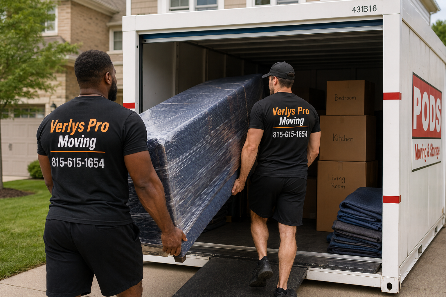 Verlys Pro Moving crew in branded t-shirts loading a PODS container — professional Illinois movers